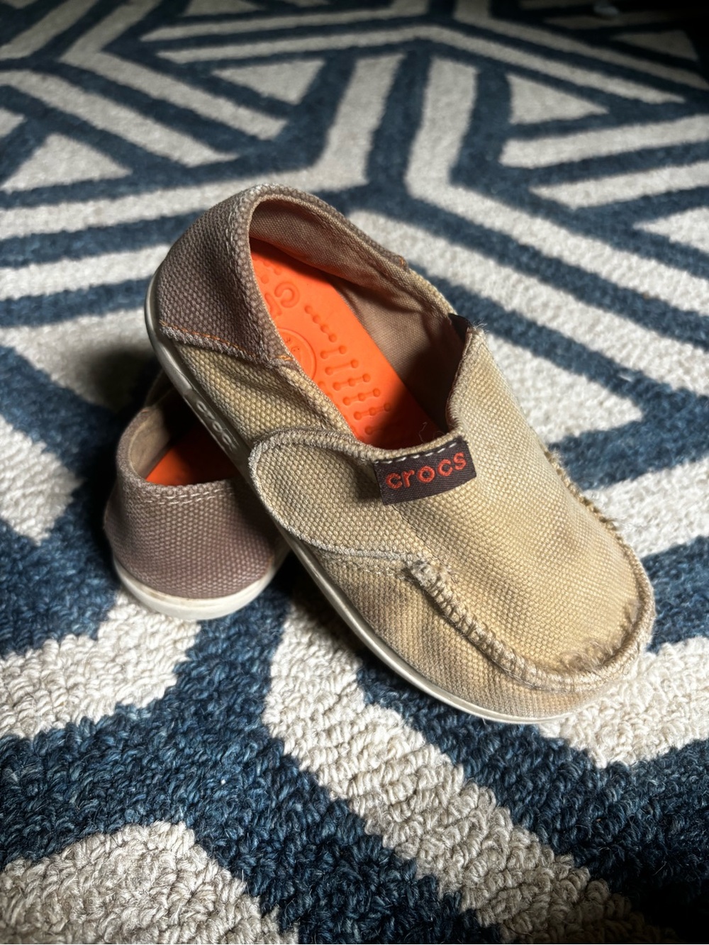 CROCS Kids Canvas Slip-Ons in Tan, Brown with Orange Insole